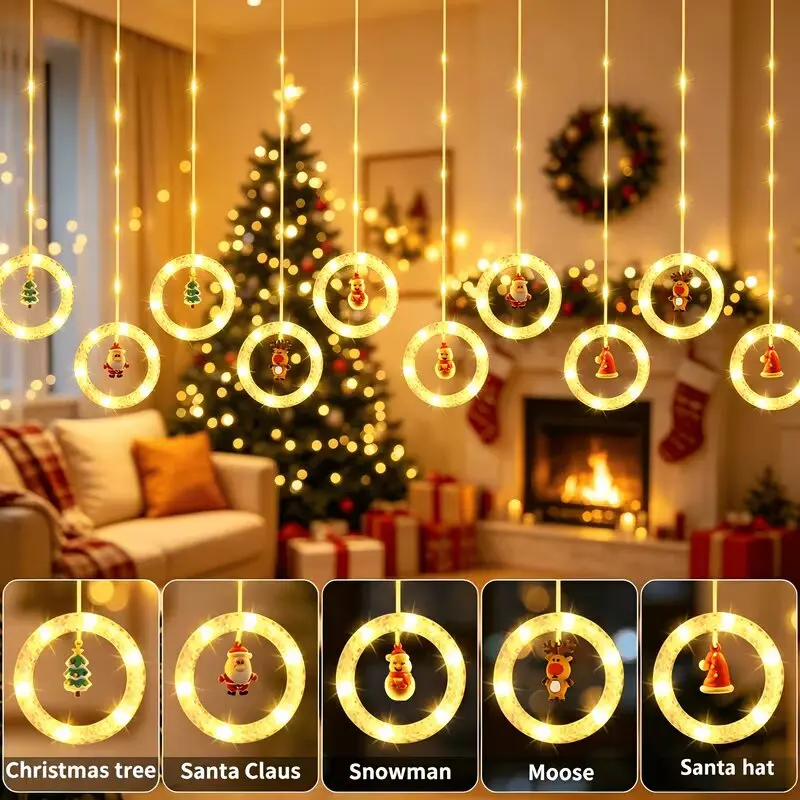Christmas Curtain Lights USB Powered Warm White Remote Control 8 Modes Christmas Tree Star Ring Window Home Decor