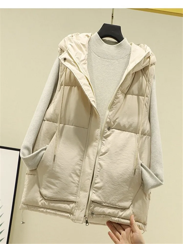 2025 가을 겨울 신상 후드 코튼 따뜻한 조끼 여학생 스트릿웨어 한국 스타일 루즈핏 민소매 파카 조끼 여성