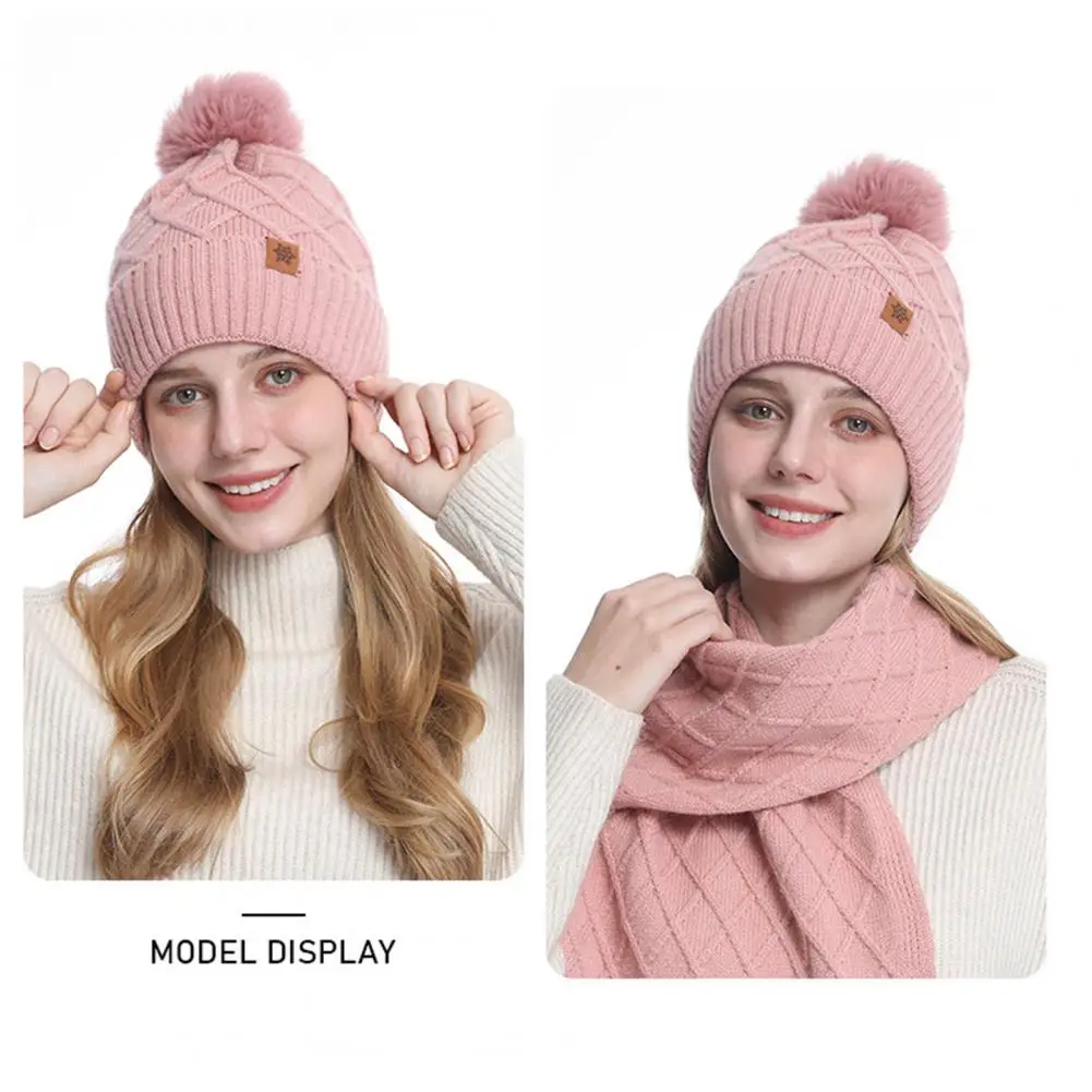 

Windproof Scarf Winter Hat Scarf Gloves Set for Women Plush Ball Decor Beanie Knitted Long Scarf with Touchscreen for Weather