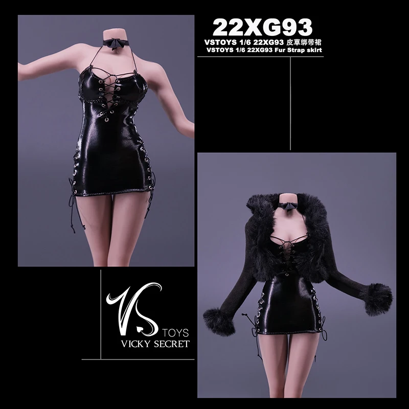 

VSTOYS 22XG93 1/6 Scale Black Fur Sexy Lace-up Low Cut Strsp Dress Accessory Model for 12 inches Female Action Figure