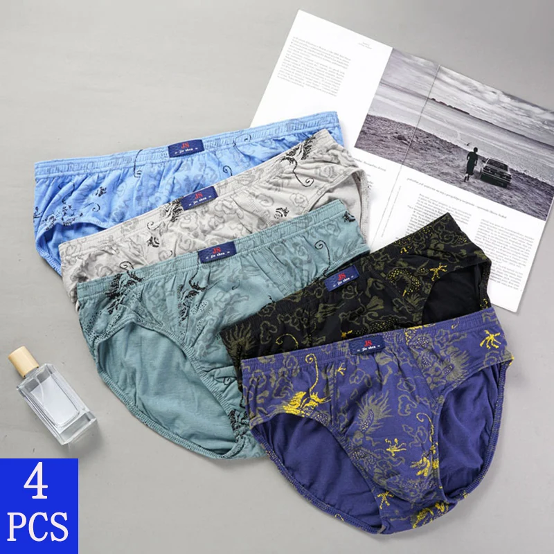 4 Pcs/Lot 100% Cotton Men's Printed Briefs Plue Size Underpants Underwear Loose Lingerie Moisture Absorbent Breathable Panties