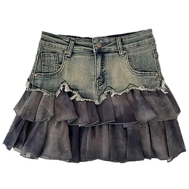 Spliced denim Skirt for Women New Age-reducing Versatile and Fashionable High-waisted Slimming A-line Short Skirt Trendy