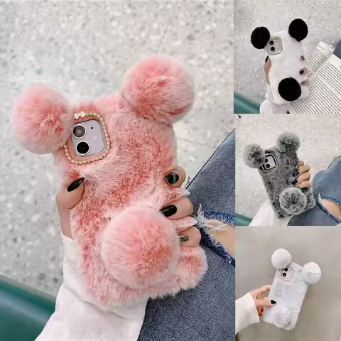 For Samsung Galaxy A13 5G A51 A71 A50 A70 A30 A21S A22 S23 S22 S20 FE S21 Plus Note 20 Ultra Cute Panda Plush Furry Phone Cases