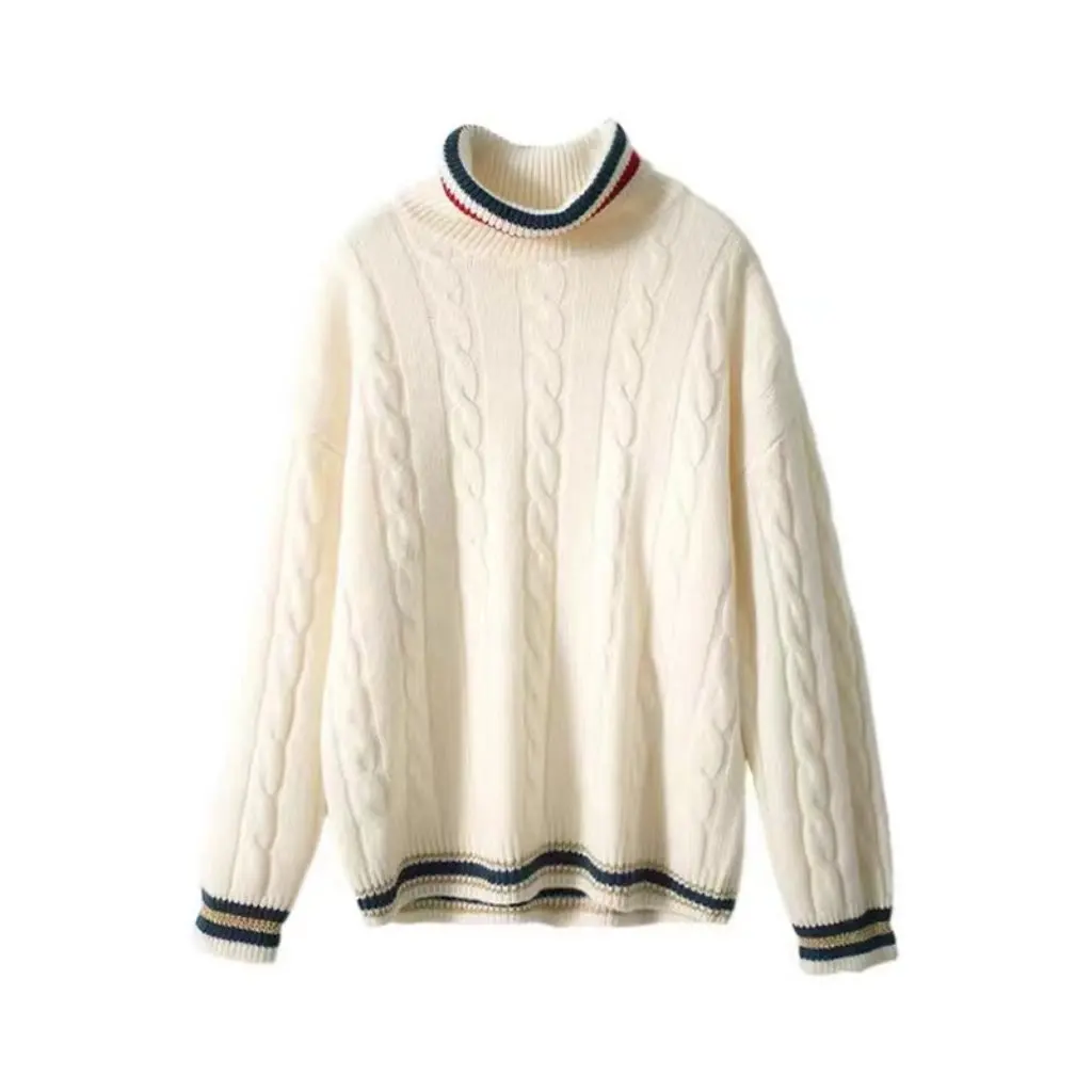 

Korean Style Loose Lazy Twist Sweater High Collar Thickened Warm Contrast Color Outerwear for Women Spring Autumn