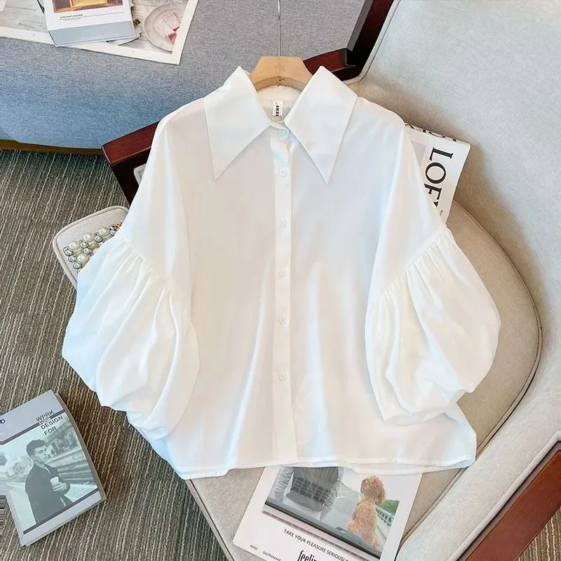 2024 Camisas De Mujer Chiffon White Blouse for Women Loose Vintage Korean Shirts Single Breasted Lantern Sleeve Summer Tops