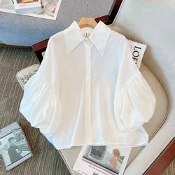 2024 Camisas De Mujer Chiffon White Blouse for Women Loose Vintage Korean Shirts Single Breasted Lantern Sleeve Summer Tops