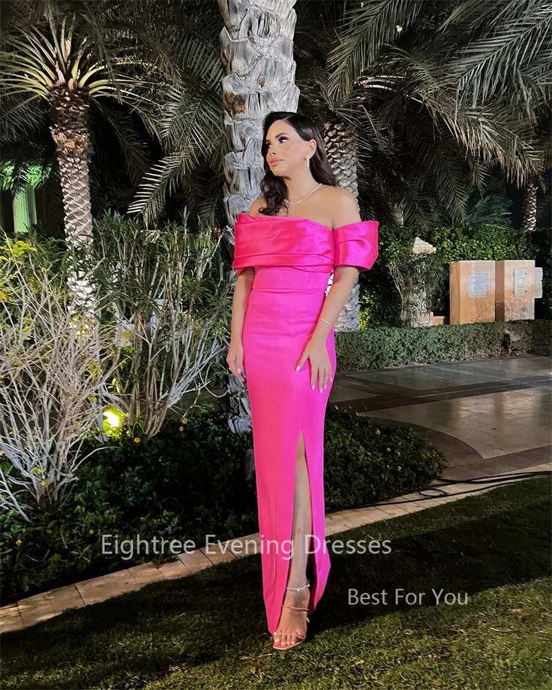 Eightree Hot Pink Long Off Shoulder Evening Dresses Short Sleeves Formal Club Party Night Dress Prom Gown Arabic Robe de Soiree