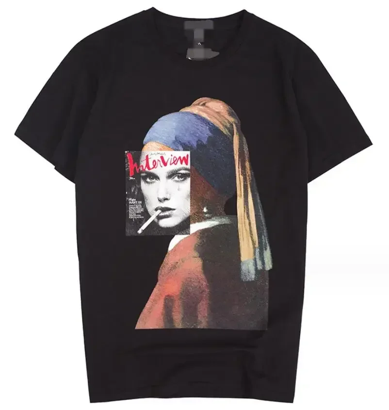 COTTON 100% Parody Mona Lisa Oil Painting Retro Cartoon Female Round Neck Loose White T-shirt Women Clothing Harajuku Tops Tee