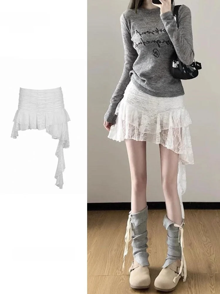 Large Size White Lace Asymmetrical Sash Half Skirt Women Spring Autumn Bohemian Sexy Cake Short Skirt Half Skirt