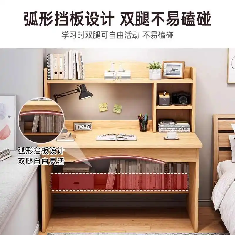 !@Modern L-Shaped Office Writing Desk with Integrated Bookshelf Stainless Steel and Wood Panel Design