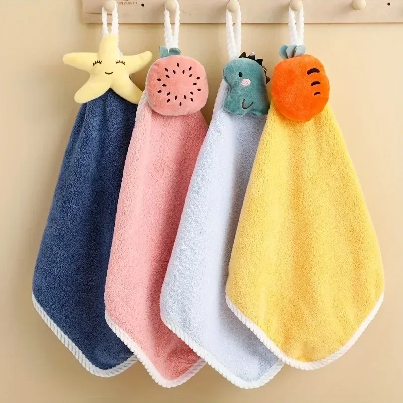 4pcs Coral Fleece Hangable Hand Towels for Kids Baby Bathroom Fingertip Super Absorbent Handkerchief Bath Towel Accessories