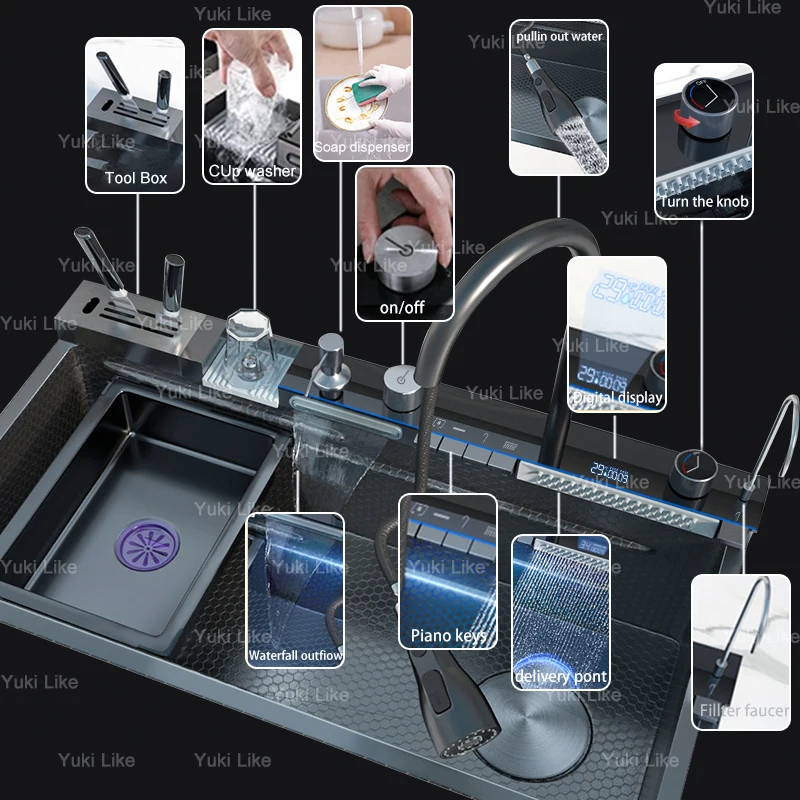 Imagem -04 - Digital Display Pia de Cozinha Lavatório com Torneira de Cachoeira Lavatório com Grande Slot Único em Relevo Aço Inoxidável