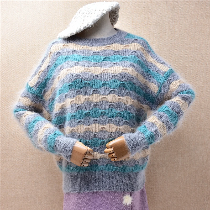 

Women Mujer Autumn Winter Striped Jacquard Angora Rabbit Hair Knitted O-Neck Long Sleeves Loose Pullover Sweater Jumper Pull Top