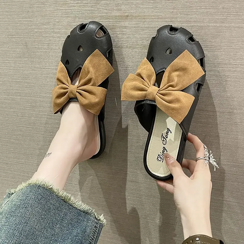 Summer Cute Woman Slippers Mules Slides Kawaii Sandals With Bow Shoes For Women 2024 Round Toe Pink Flat H Sandal Chic Point Hot