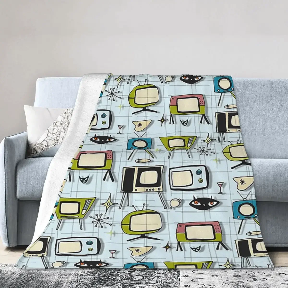 

Retro Tv Blue #midcentury Blankets Soft Warm Flannel Throw Blanket Bedding for Bed Living room Picnic Travel Home Sofa