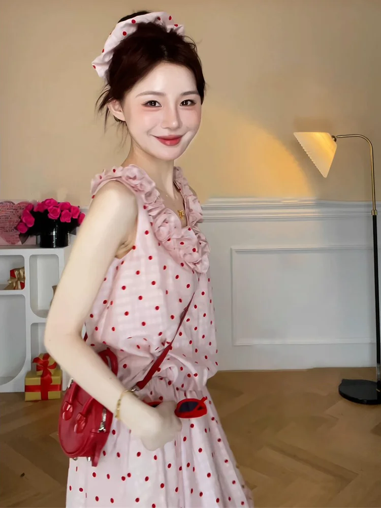 

Summer Sweet Pink Polka Dot Sleeveless Top And Cake Skirt Set Women's Fashion Ensemble Polyester Fiber round Neck Shirt