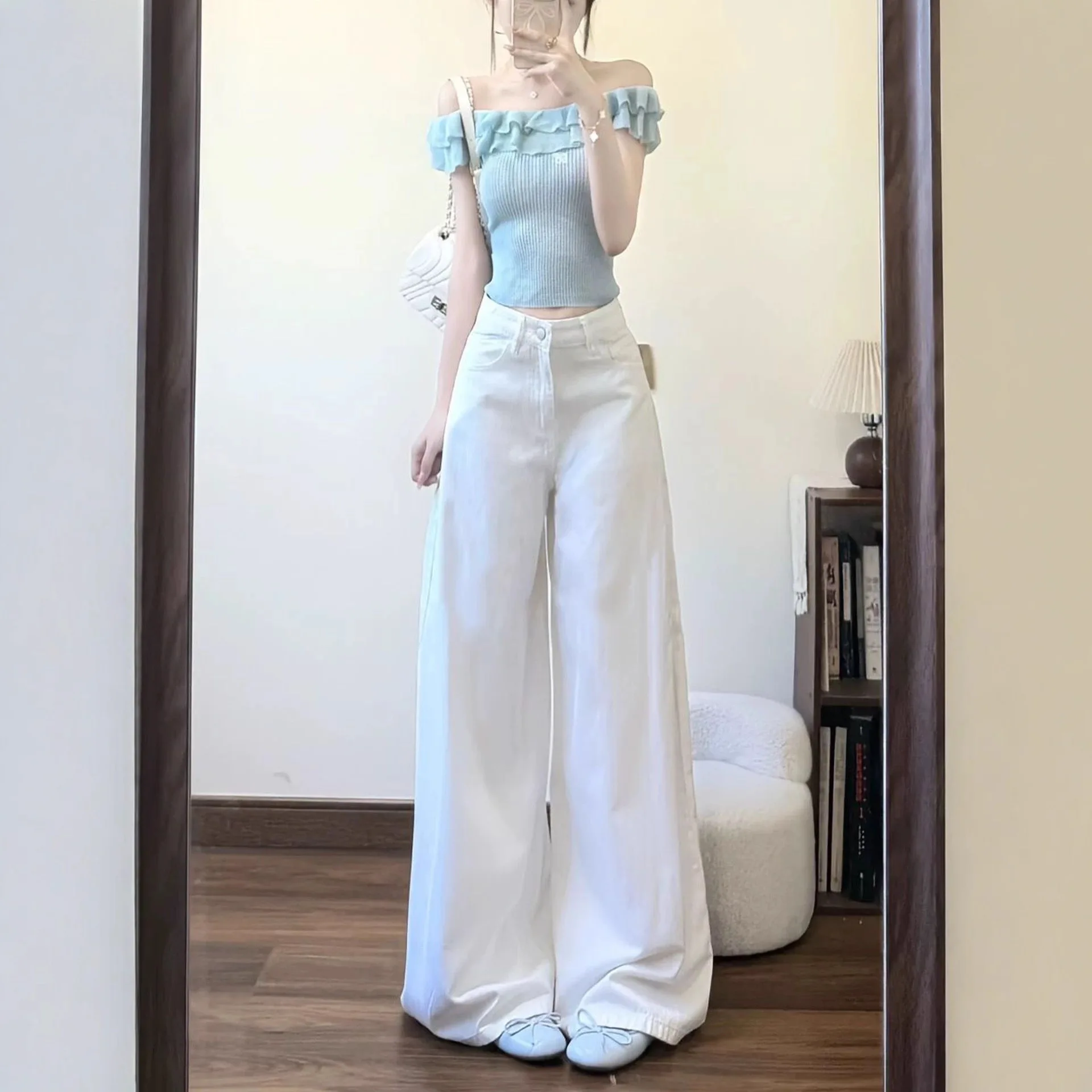 High Waist Wide Leg Jeans White Loose Fitting Slimming Cover Hip Straight Cut Denim Pants for Women Autumn Wear Casual Style