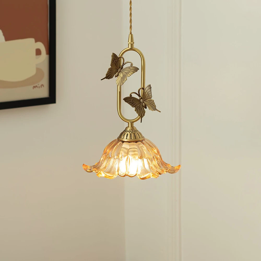 American Butterfly Light Amber Glass Pendant Lamps for Bedroom Bedside Living Room Hallway Decor Recharageable Battery Optional