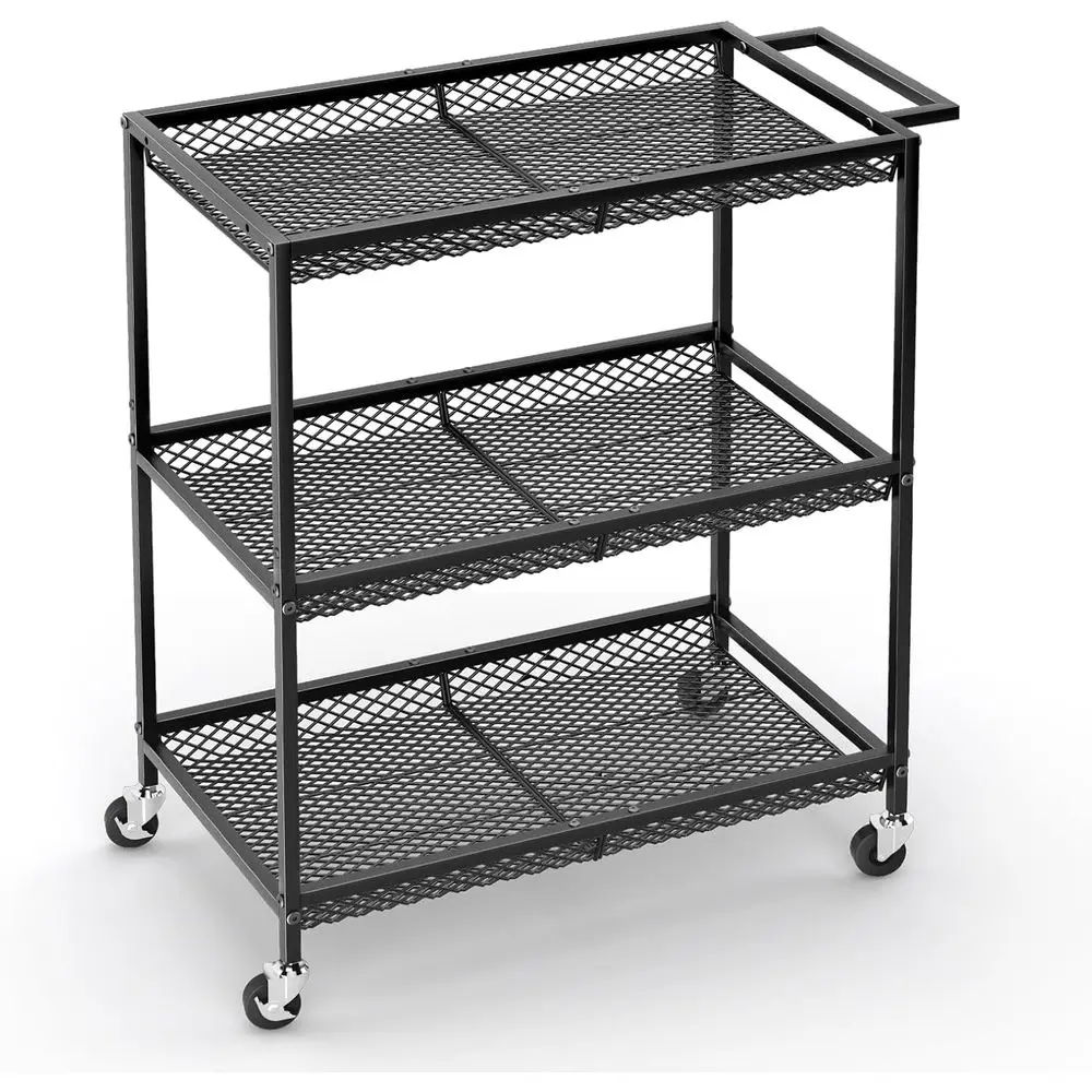

3 Tier Rolling Utility Kitchen Cart, Heavy Duty Wire Rolling Cart on Wheels, Commercial Metal Serving Carts with Handle, Kitchen