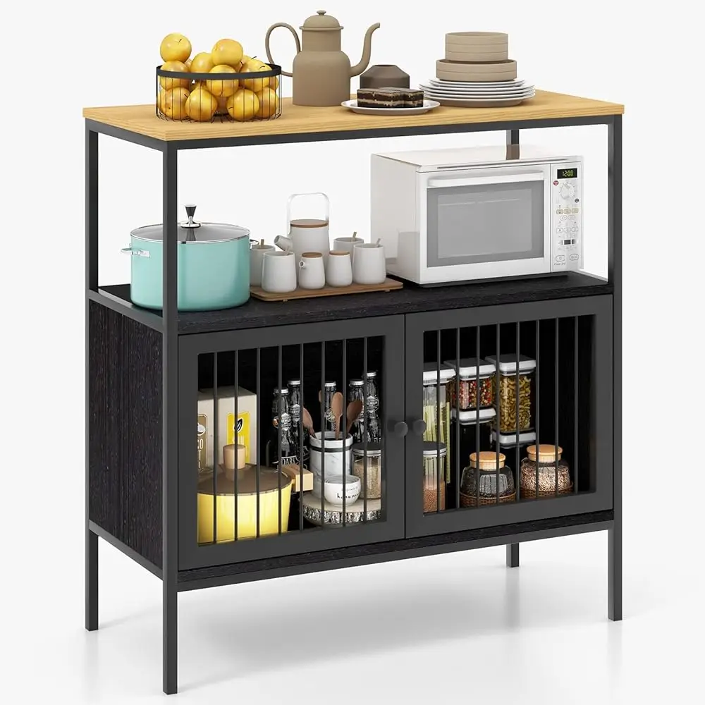 

Sideboard Buffet With Storage Cabinet & Shelves, Wooden Microwave Oven Stand With Metal Frame, Coffee Bar Station For Home