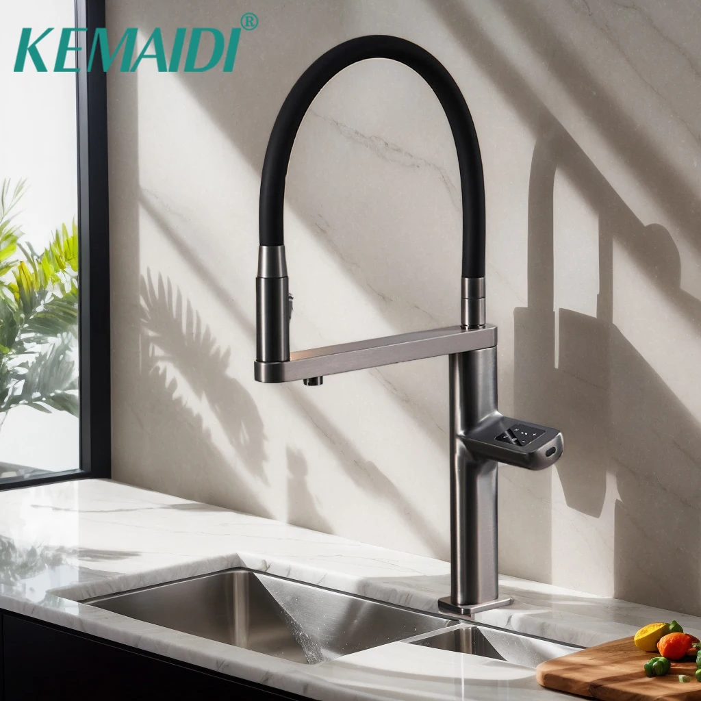 

KEMAIDI Gun Grey 3-in-1 Sensor Kitchen Faucet Solid Brass Pull-Down Faucet Hot/Cold Water Mixer Drinking Water Infrared Sensor