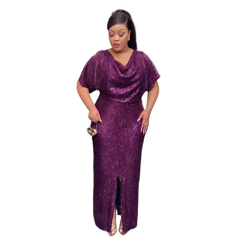 

African Sequin Maxi Dress Short Sleeve Cowl Neck Front Slit Design Evening Gown for Weddings Galas And Formal Parties