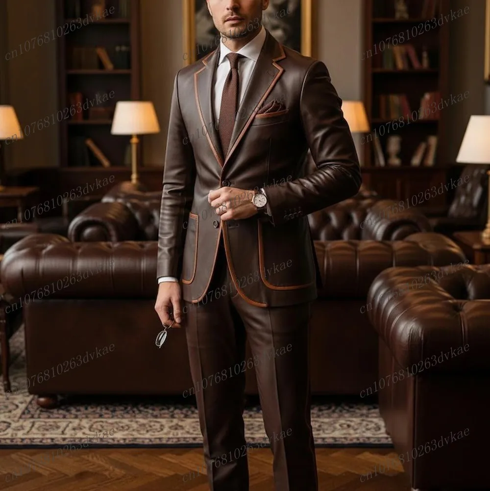 

Новый темно-коричневый кожаный мужской костюм для свадьбы, вечеринки, торжественных мероприятий, жениха, шафера, выпускного, деловых встреч, мужской смокинг, комплект из 2 предметов: пиджак и брюки