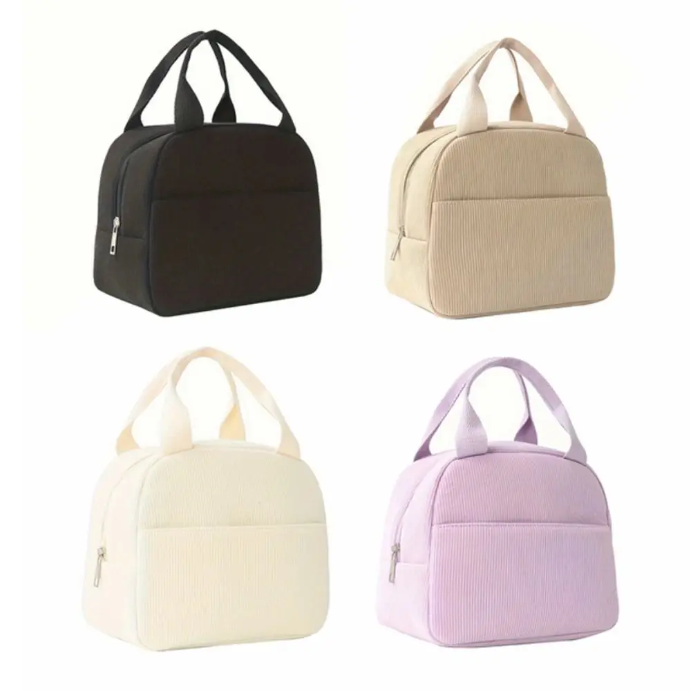 Compact Corduroy Insulated Lunch Bag Hand-Held Large Capacity Lunch Box Storage Bag Minimalist Portable Thermal Lunch Bag Travel