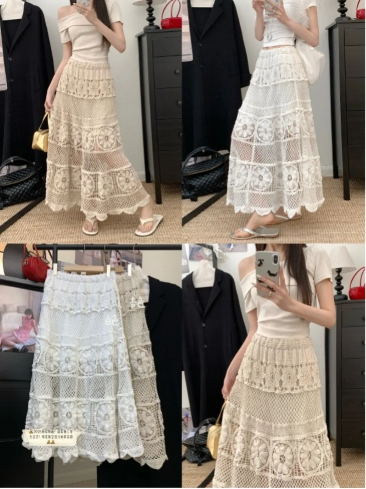 

n Белая юбка-миди с кружевной отделкой, женская юбка-миди трапециевидной формы, утягивающая летняя новинка больших размеров, корейская V...