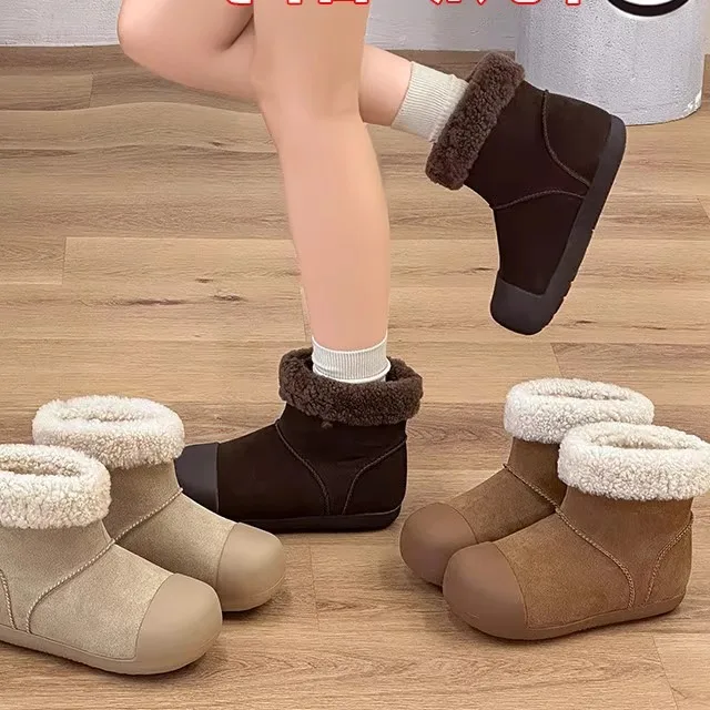 

Thick Bottom Cotton Fleece Lined Casual Women's Snow Boots Short Tube Rubber Sole round Toe Flat Heel Winter Warm Boots