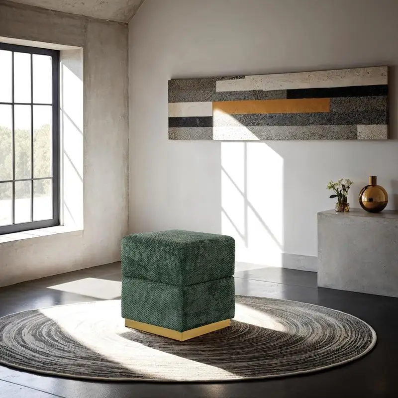 Contemporary Cube Design Accent Stool with Storage Compartment, Gold Plated Base, Stainless Steel Construction, Green Finish
