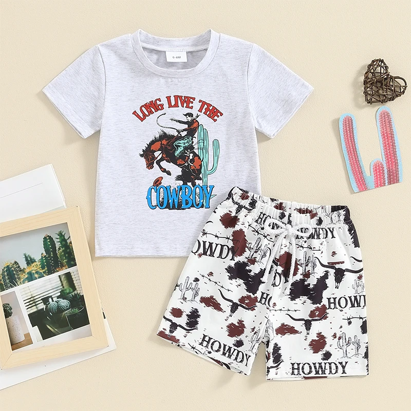 

Baby Boy Western Clothes Cowboy Short Sleeve T-Shirt Tops Cow Print Shorts Set Toddler Western Summer Outfits