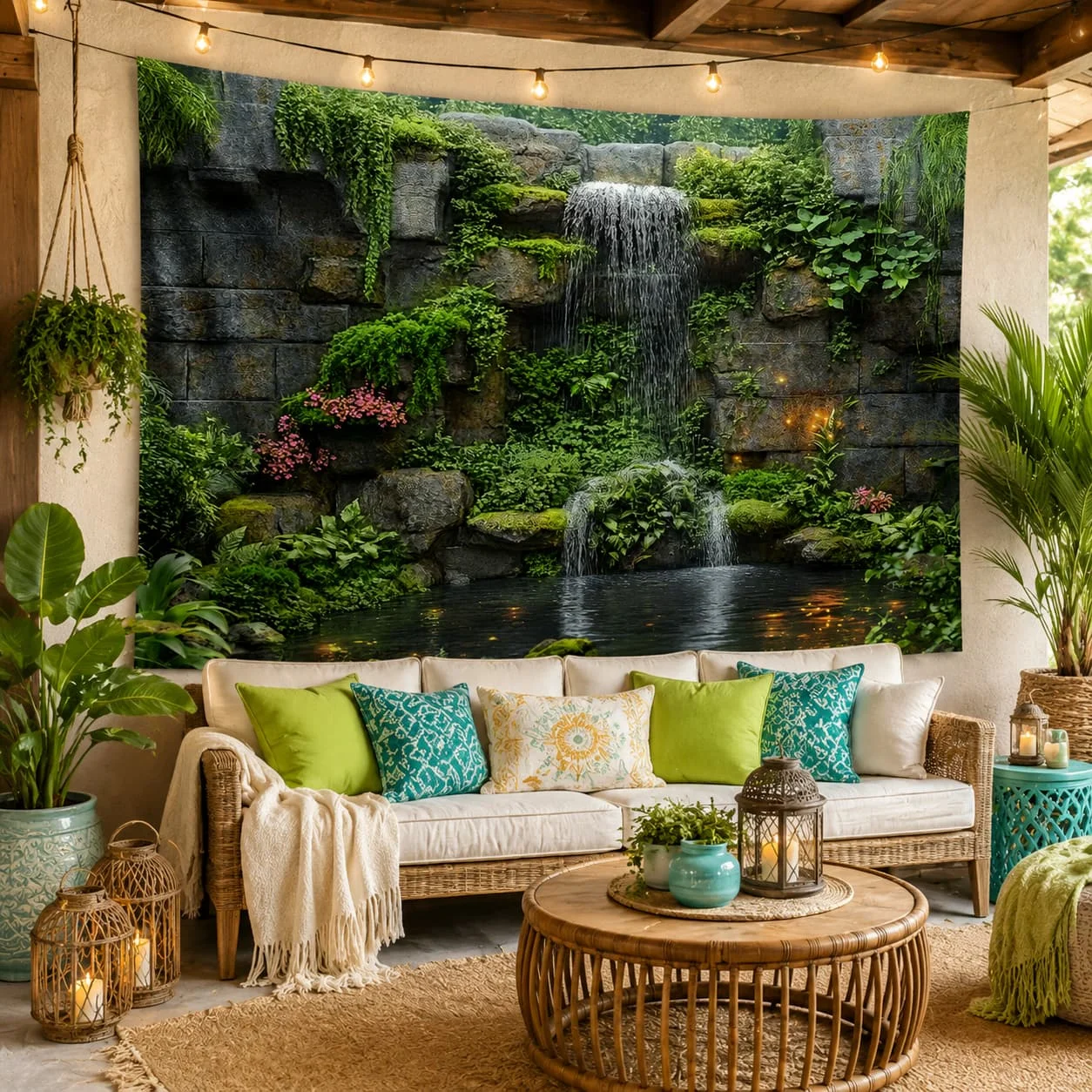 1pc Waterfall & Greenery Polyester Backdrop Banner - Lush Stone Wall Design with Cascading Waterfall & Vibrant Foliage, Durable Wrinkle-Resistant Fabric for Photography, Live Streaming, Weddings, Parties - Indoor/Outdoor Decor, No Electricity Needed,