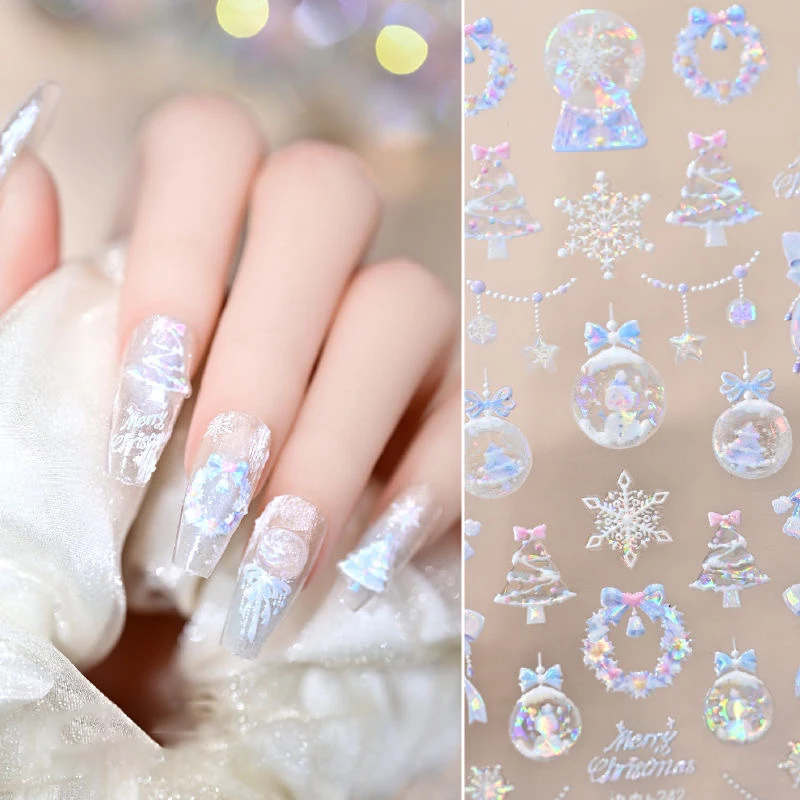 Snowflake Nail Art Stickers Christmas Tree Cute Snowflake Stars Self-Adhesive Party Diy Stickers 5D Embossed Nail Art Sticker