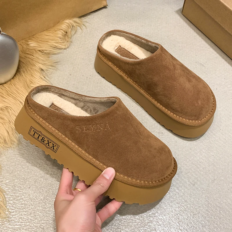 

Platform Women's Cotton Slippers Flats Suede Fashion Mules Shoes New Casual Winter Woman Boots 2025 Walking New Zapatos Mujer