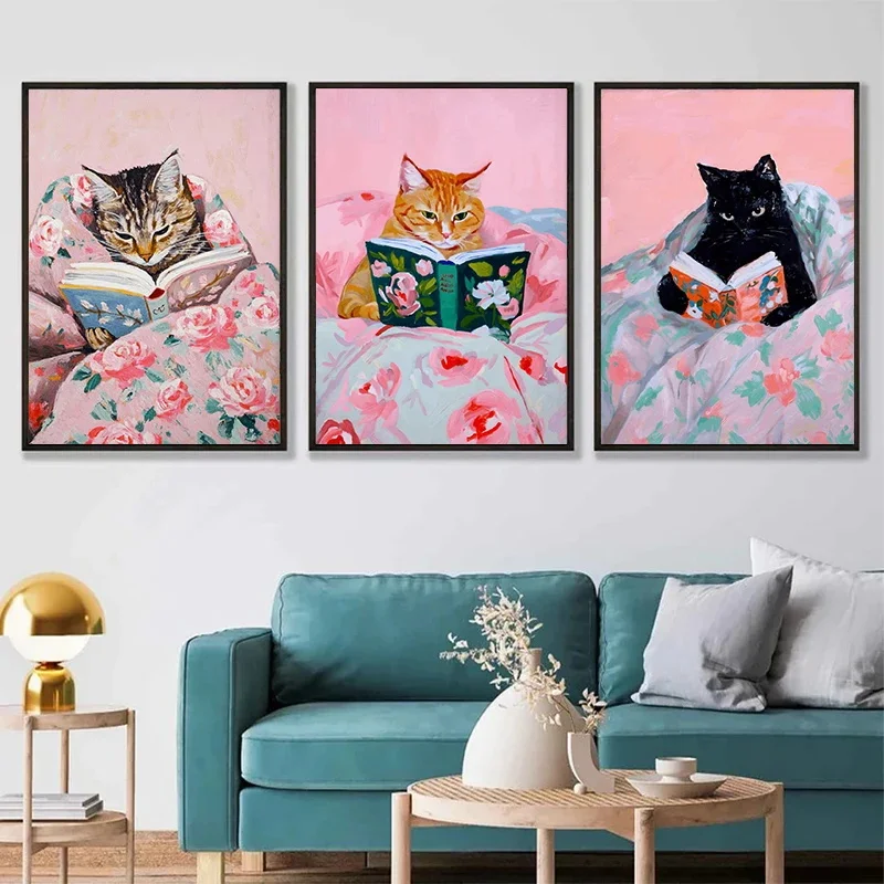 1pc frameless Canvas Painting Funny Tabby Cat Reading Books Art Poster Vintage Cute Animals Wall Canvas Painting Book Lover Pet - view 4
