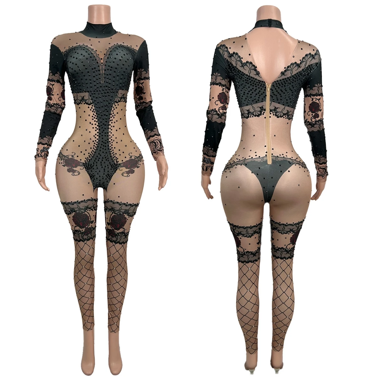 

Black Rhinestone Printing Tight Fitting Sexy Jumpsuit gig Drag Queen Stage Show Wear Bar Club Dance Long Sleeves Spandex Outfit