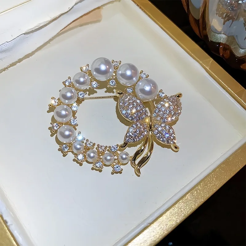 Classic-Style Pearl Peony Flower Fan Brooch Women's Fashionable Trendy Accessories Traditional Chinese Floral Brooch