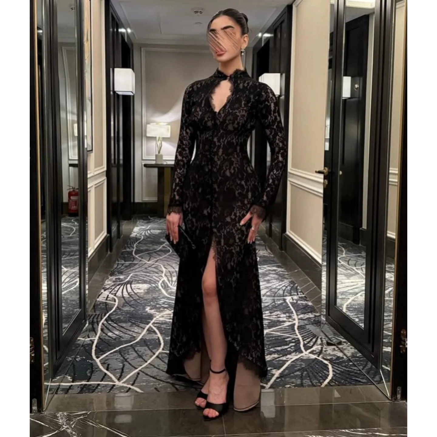 

Черные кружевные платья для выпускного вечера с длинными рукавами, сексуальные вечерние платья на день рождения по индивидуальному заказу, плиссированные платья с разрезом по бокам для торжественных случаев