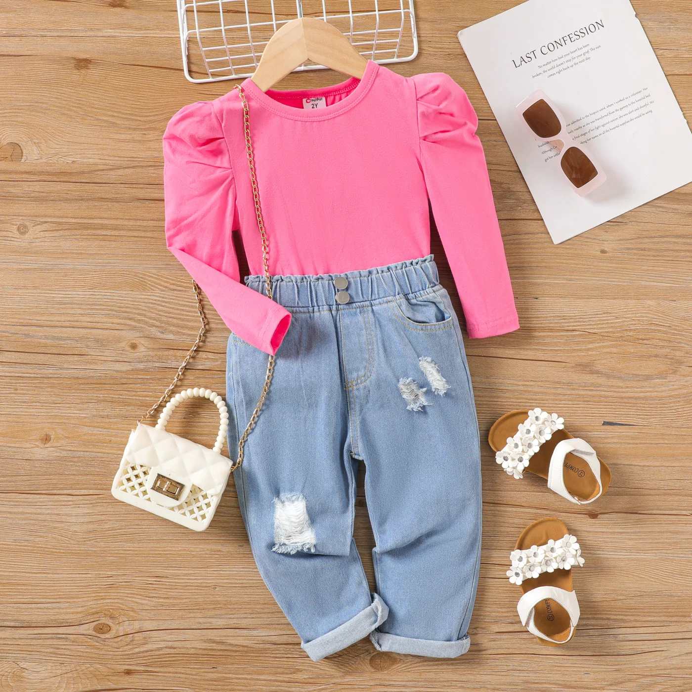 

PatPat 2pcs Toddler Girl Ruched Long-sleeve Top and Ripped Jeans Set
