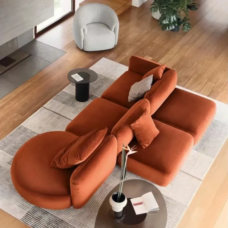 Round and soft light and luxurious arc sofa, double-sided sitting with high position and pedal caramel velvet fabric module