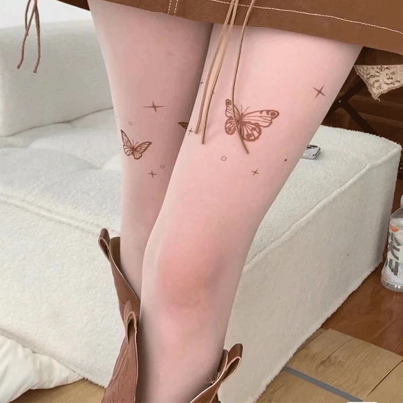 Y2K Lolita Thigh High Stockings Spicy Girls Pantyhose Maillard Tight Pantyhose Transparent Butterfly Print Sexy Leggings Tights