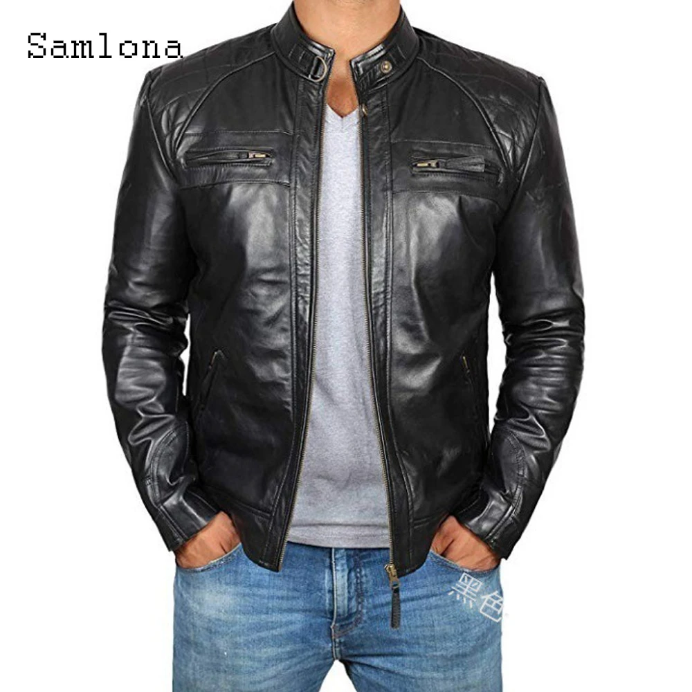 

New Fashion Pu Leather Jackets Men's Top Outerwear Mandarin Collar Biker Jacket Plus size Faux Leather Overcoats Men Streetwear