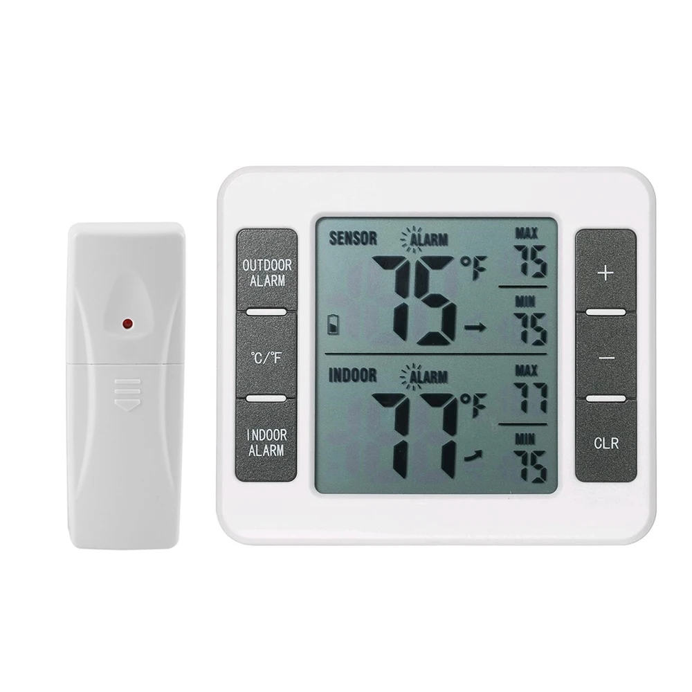 Wireless Digital Refrigerator Thermometer Audible Alarm Indoor Outdoor Thermometer with Sensor Freezer Thermometer