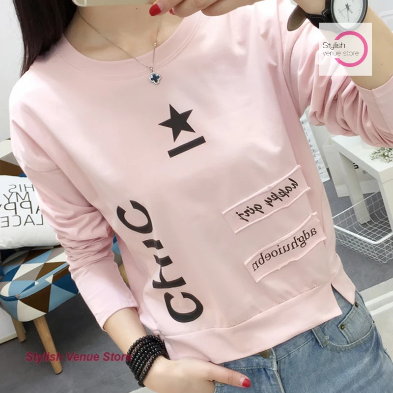 

Korean version of solid color letter long sleeve T-shirt women's spring and autumn new fashion bottoming blouse loose Joker top.