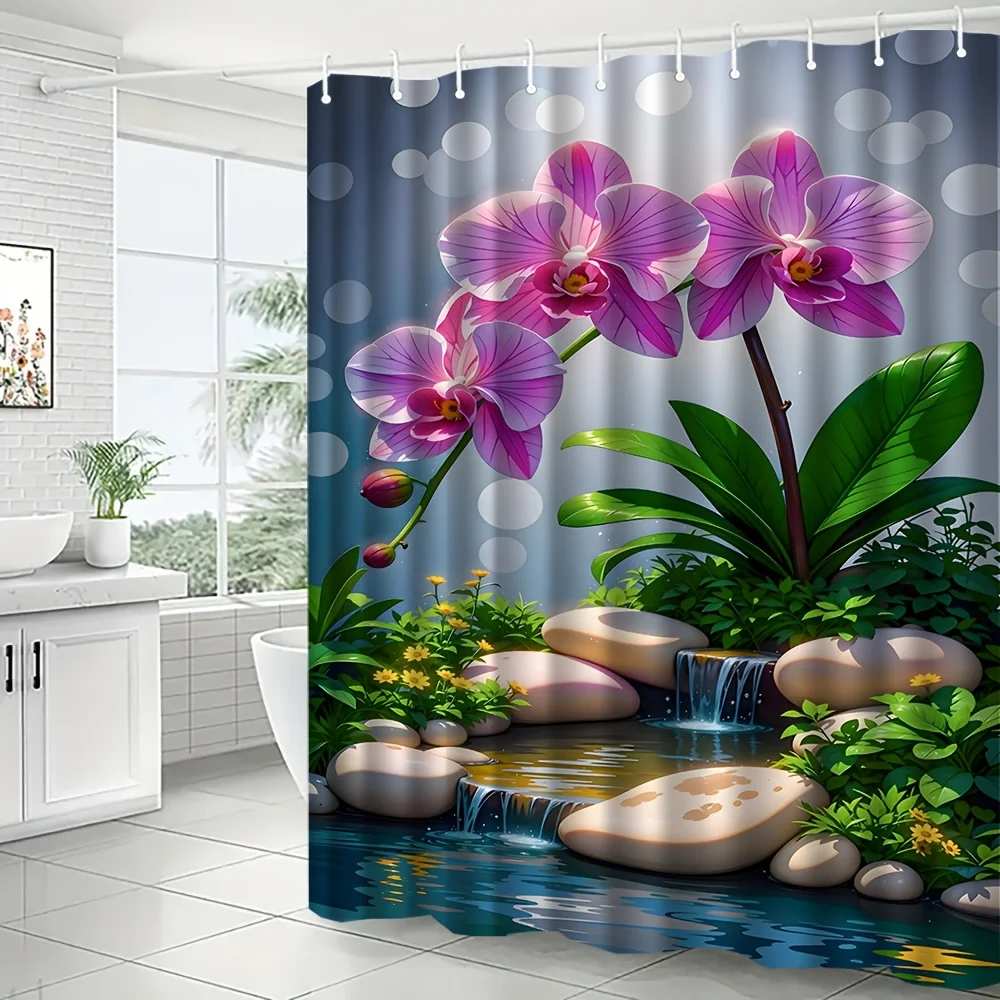 Tropical Orchid Floral Shower Curtain Waterproof Bathroom Linens Luxury Home Decor Bathroom Curtain for Master Spa Style