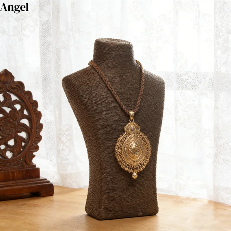 Linen Background Jewelry Display Stand with Portrait Window, Wall Mounted Necklace Holder & Bust Mannequin Shelf Organizer