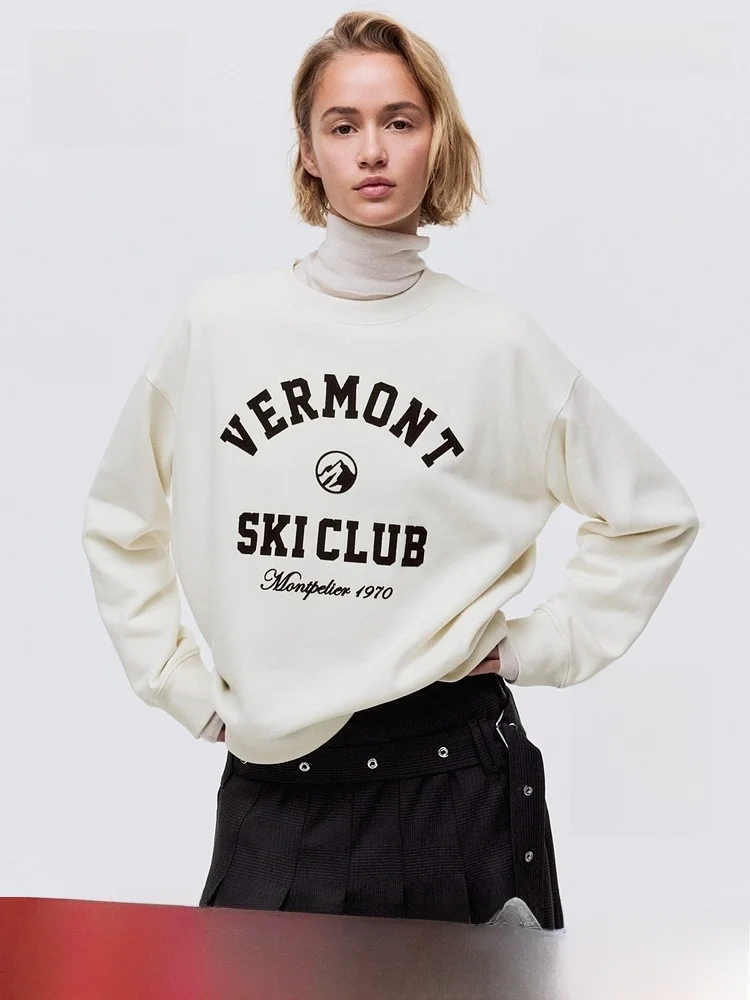 

Женская толстовка H&M, новинка весенней коллекции, красная, с принтом, в американском стиле, свободного кроя, с длинными рукавами, из смесового хлопка и полиэстера