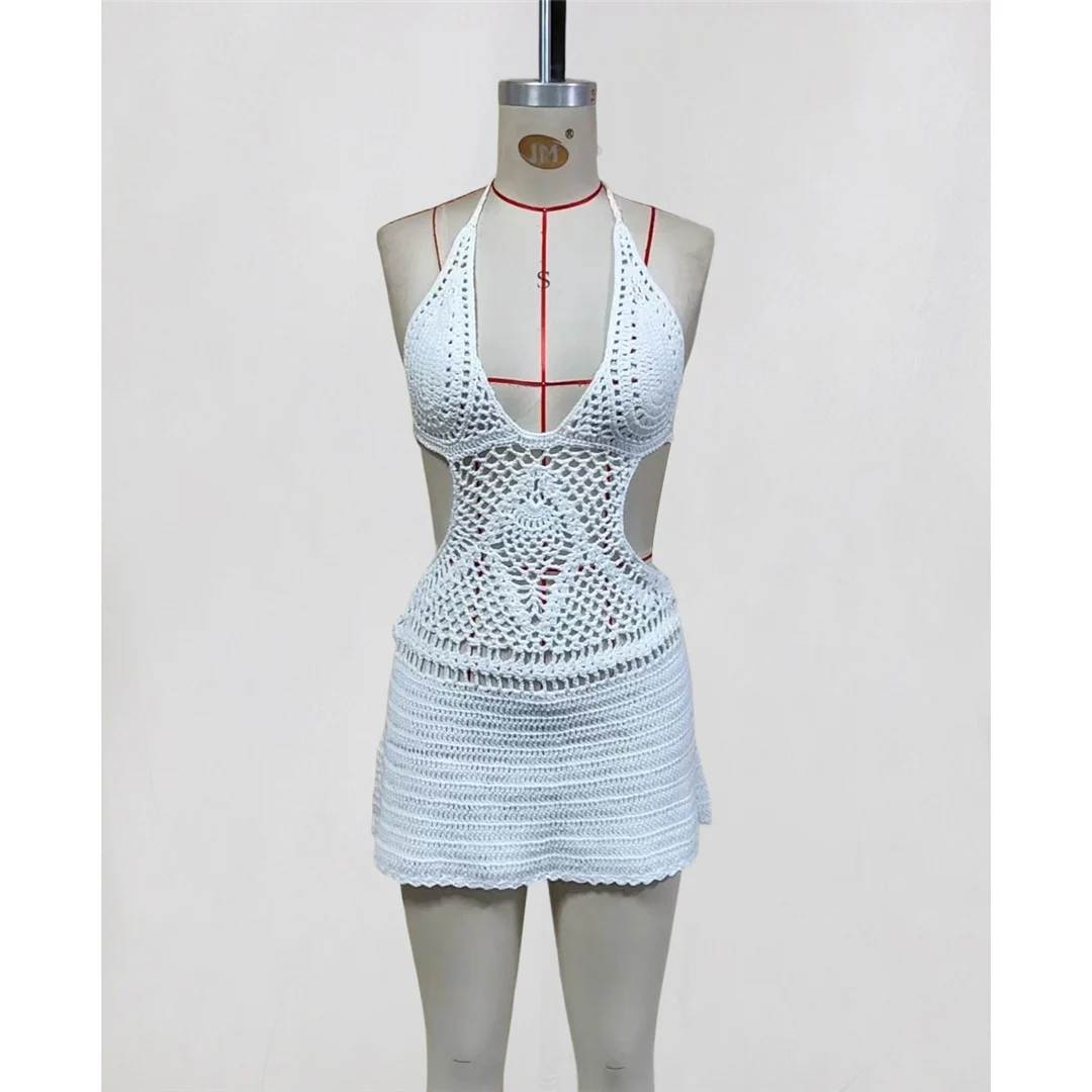 Sexy Cut-Out-Neckholder-Strick-Tunika mit offenem Rücken, Strand-Cover-up, Strandkleid, Strandmode, Damen V8295 – Detail 7