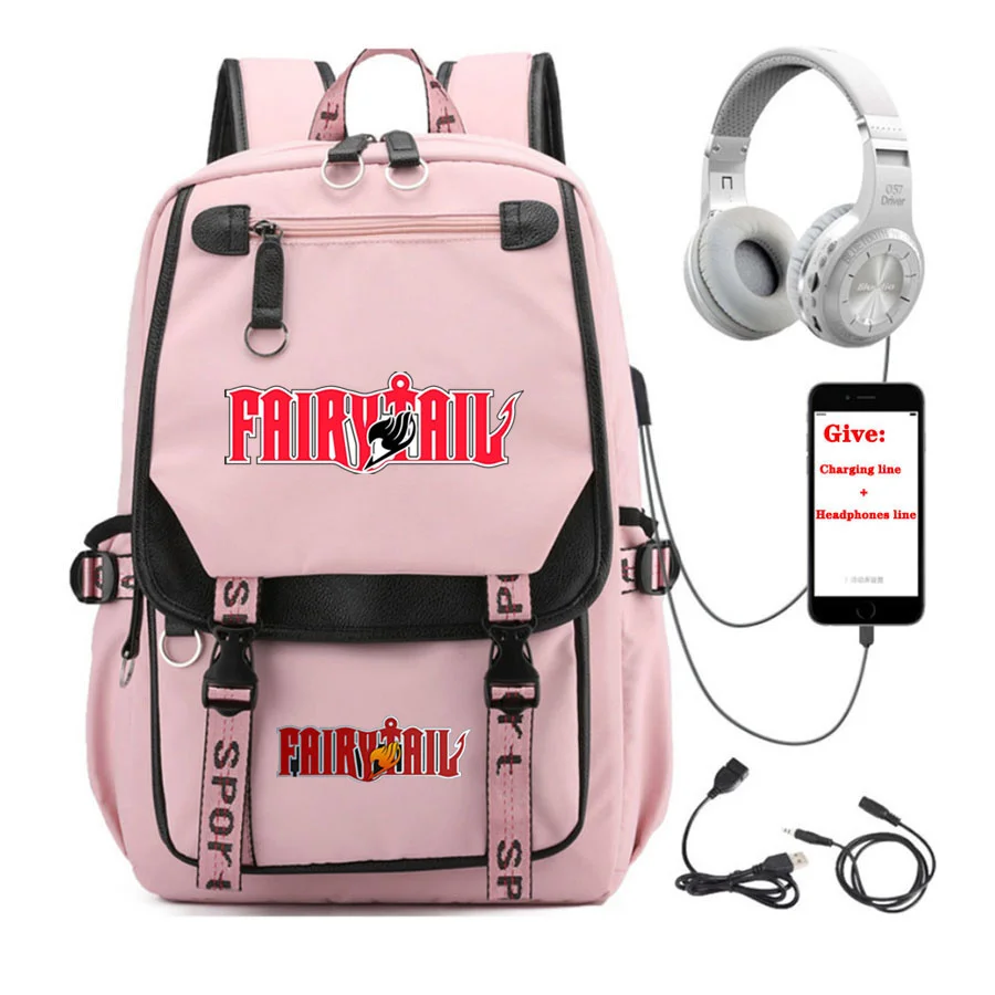 Anime Fairy Tail Mochila, Unisex Travel Bag, Saco do livro da escola, Carregamento USB, Adolescentes, Adolescentes, Estudante